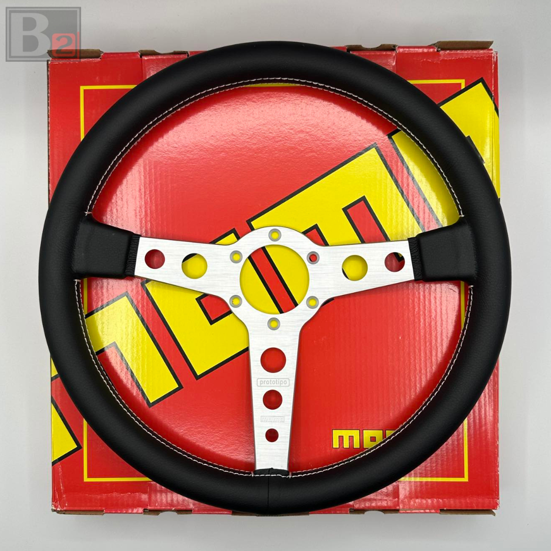Momo Prototipo 350mm Black Leather Brushed Aluminum Steering Wheel