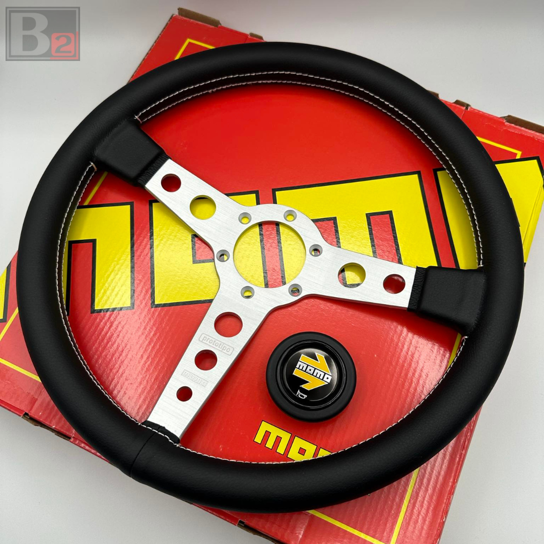 Momo Prototipo 350mm Black Leather Brushed Aluminum Steering Wheel