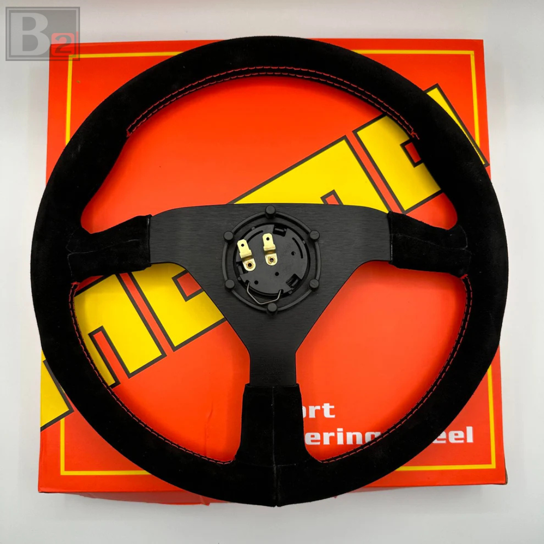 Momo MonteCarlo Alcantara Steering Wheel Red Horn, Red Stitching