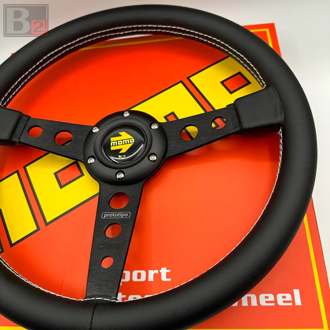 Momo Prototipo 340mm Black Leather Steering Wheel Black Center Ring