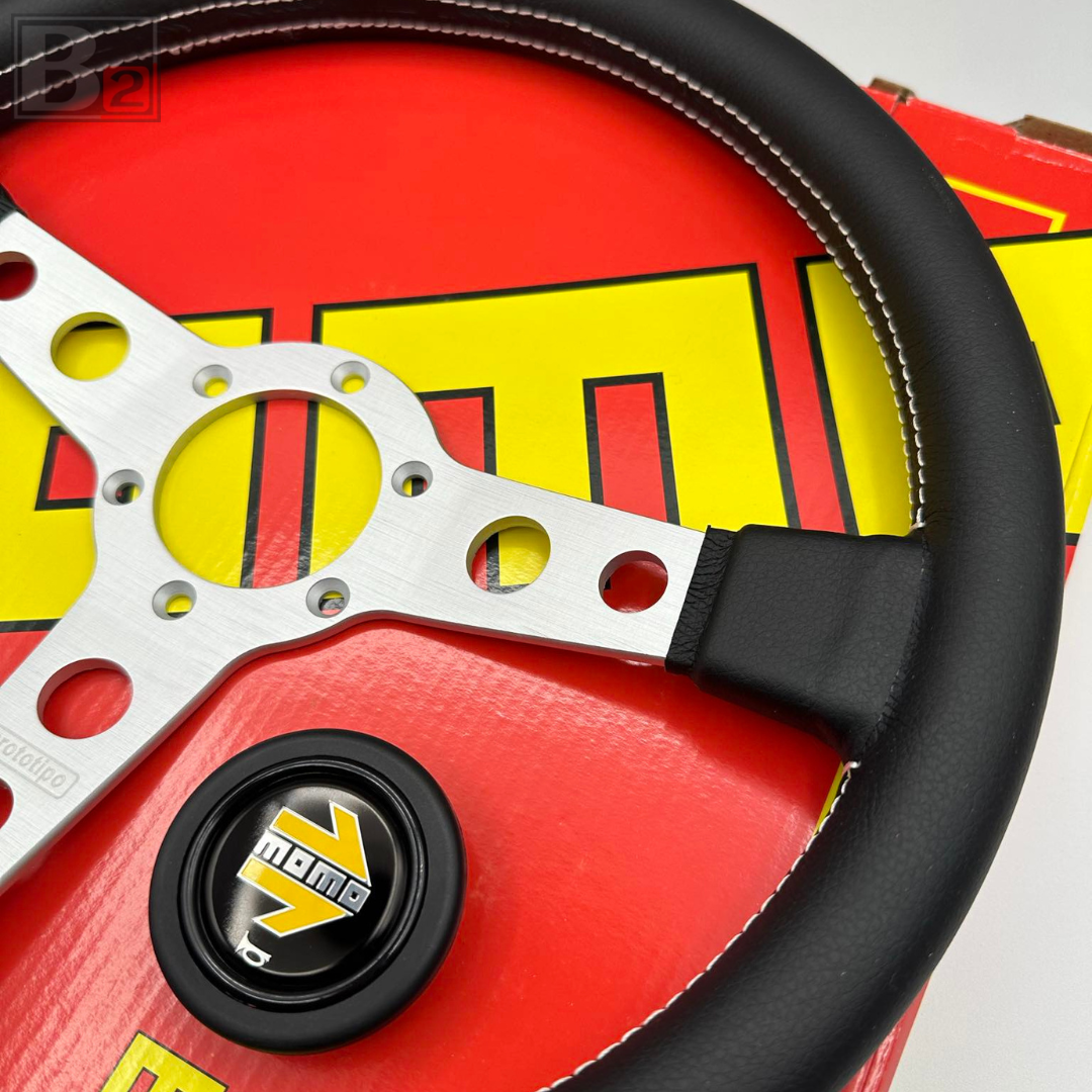 Momo Prototipo 350mm Black Leather Brushed Aluminum Steering Wheel