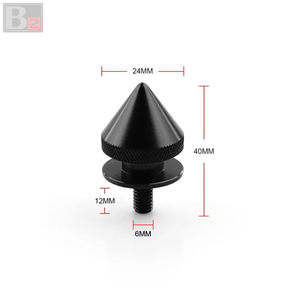 A black spike style quick release fastener with dimensions labeled, designed for use in vehicles.
