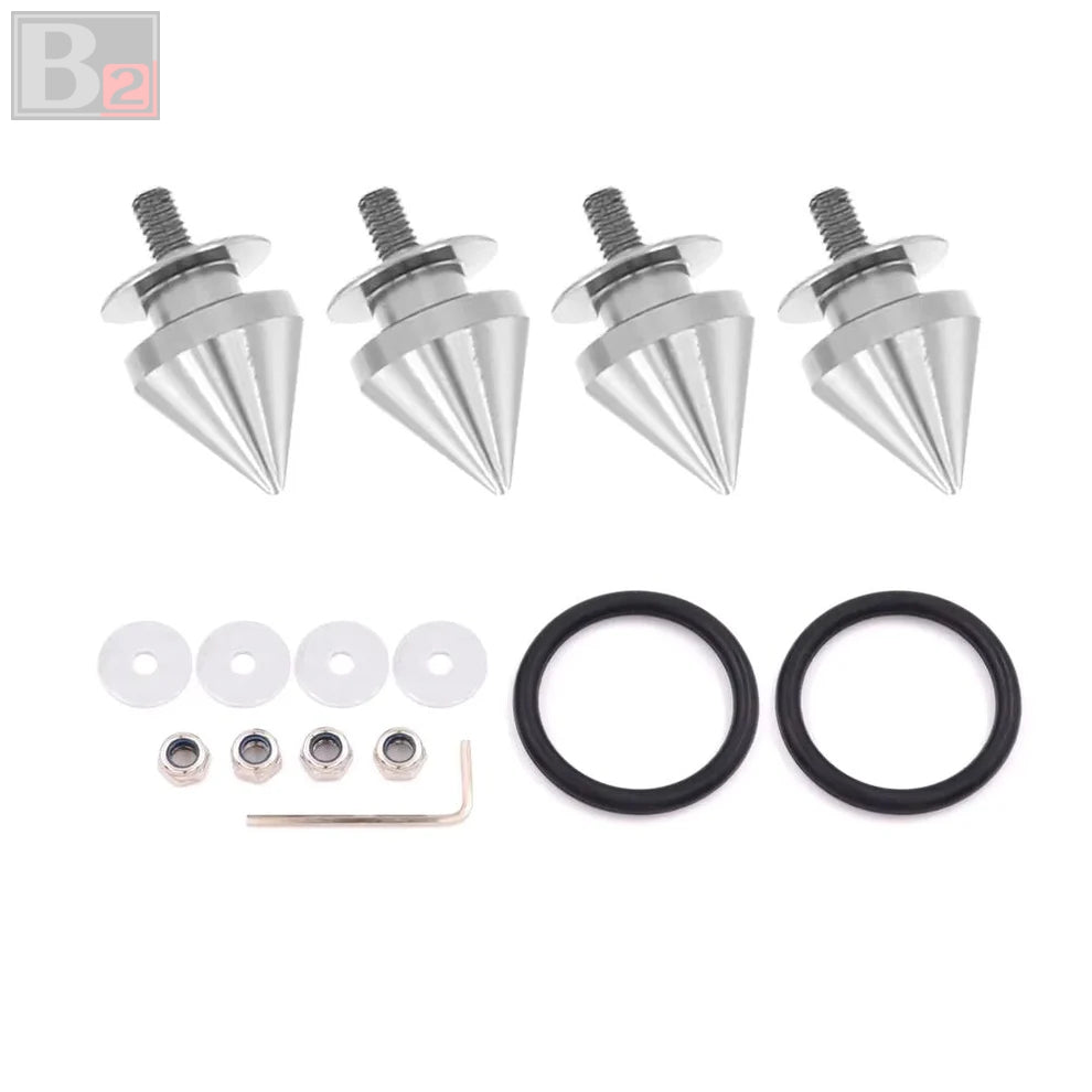 A set of spike style quick release fasteners in various colors along with washers, nuts, and an O-ring.