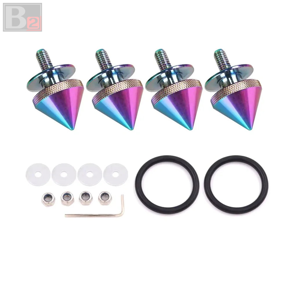 A set of spike style quick release fasteners in various colors along with washers, nuts, and an O-ring.
