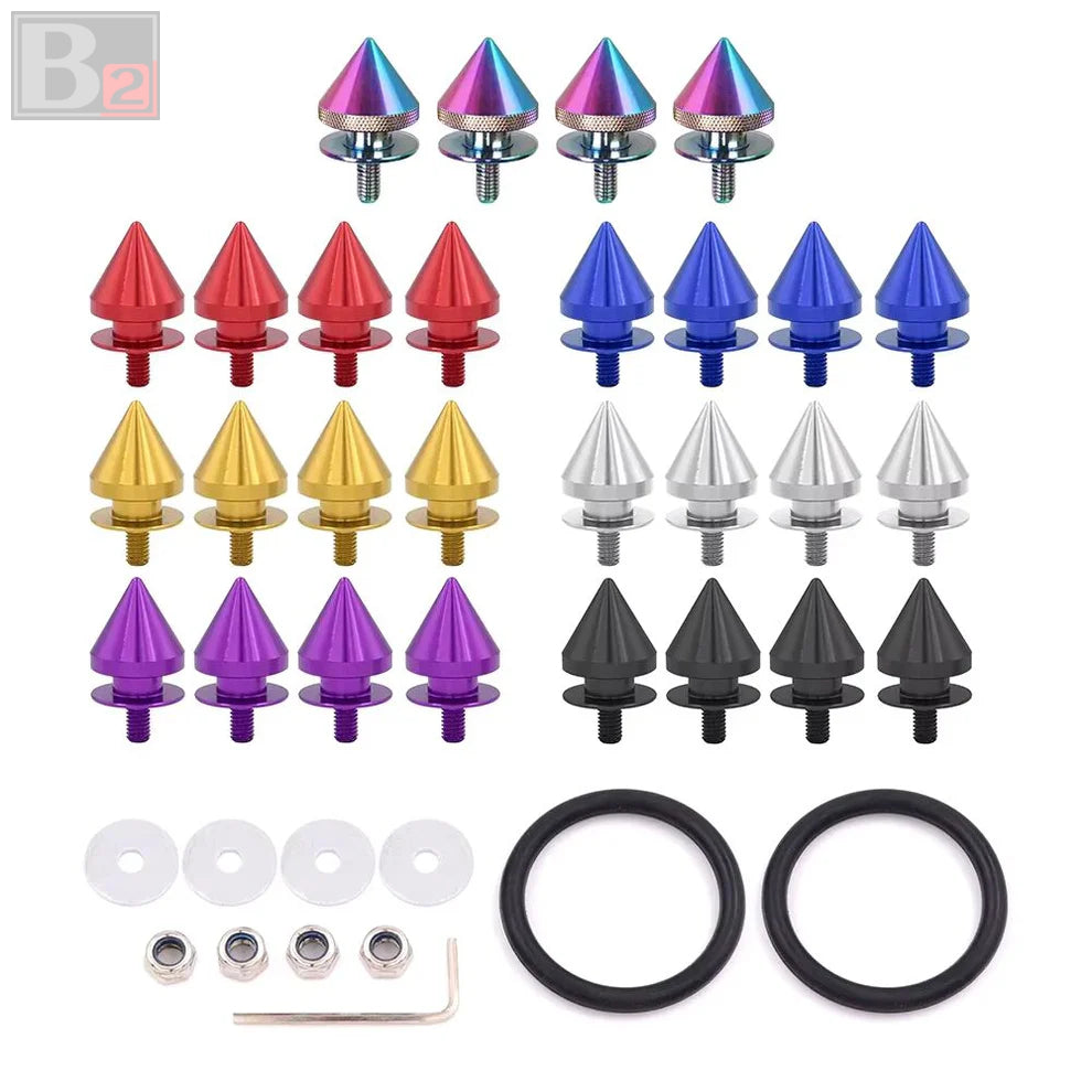 A set of spike style quick release fasteners in various colors along with washers, nuts, and an O-ring.