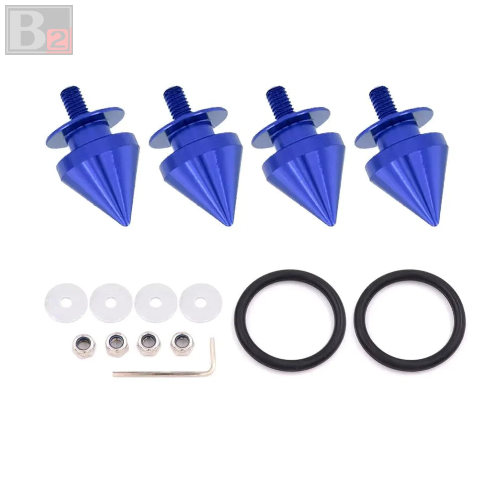 A set of spike style quick release fasteners in various colors along with washers, nuts, and an O-ring.