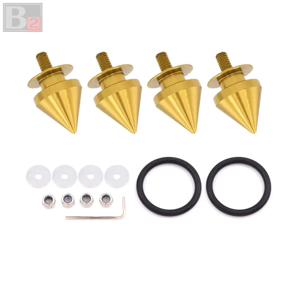 A set of spike style quick release fasteners in various colors along with washers, nuts, and an O-ring.