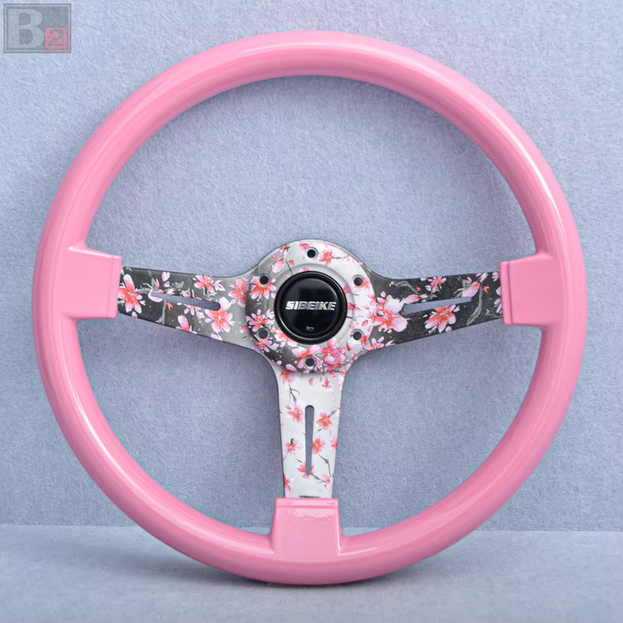 Sibeike Floral 350mm Steering Wheel With Pink Finish