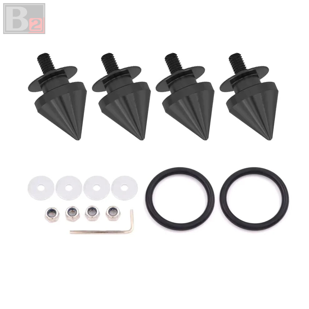 A set of spike style quick release fasteners in various colors along with washers, nuts, and an O-ring.