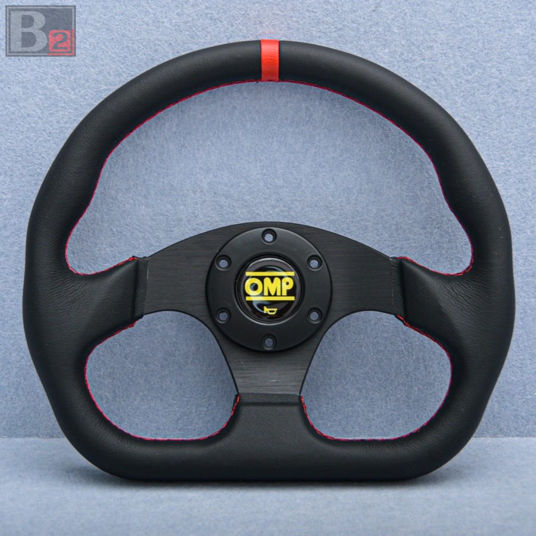 OMP Flat Bottom Leather Steering Wheel Red 13inch / 330mm