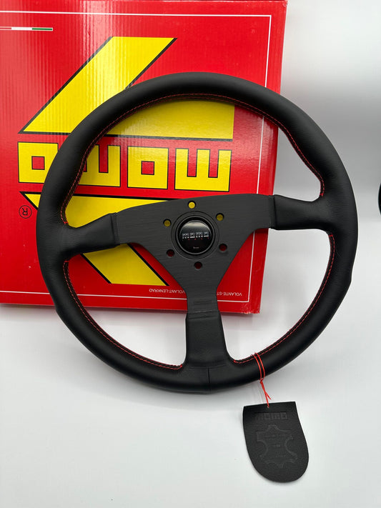 Momo MonteCarlo Steering Wheel Black Horn, Red Stitching