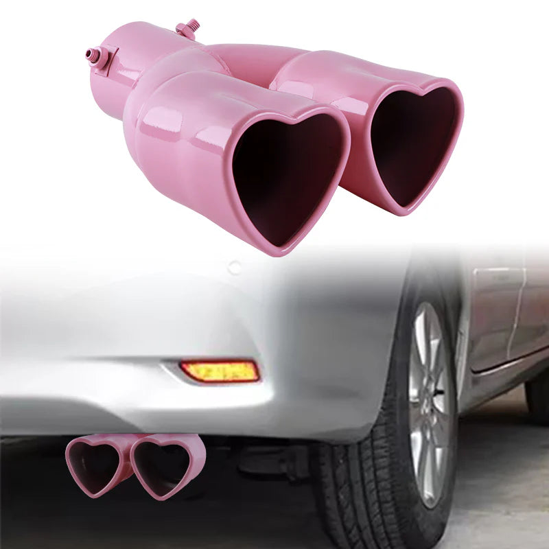 Pink Dual Heart Shaped Stainless Steel Car Exhaust Pipe Muffler Tip Straight