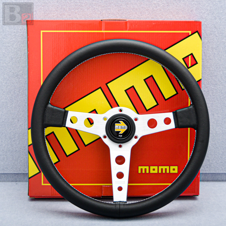 Momo Prototipo 350mm Black Leather Brushed Aluminum Steering Wheel