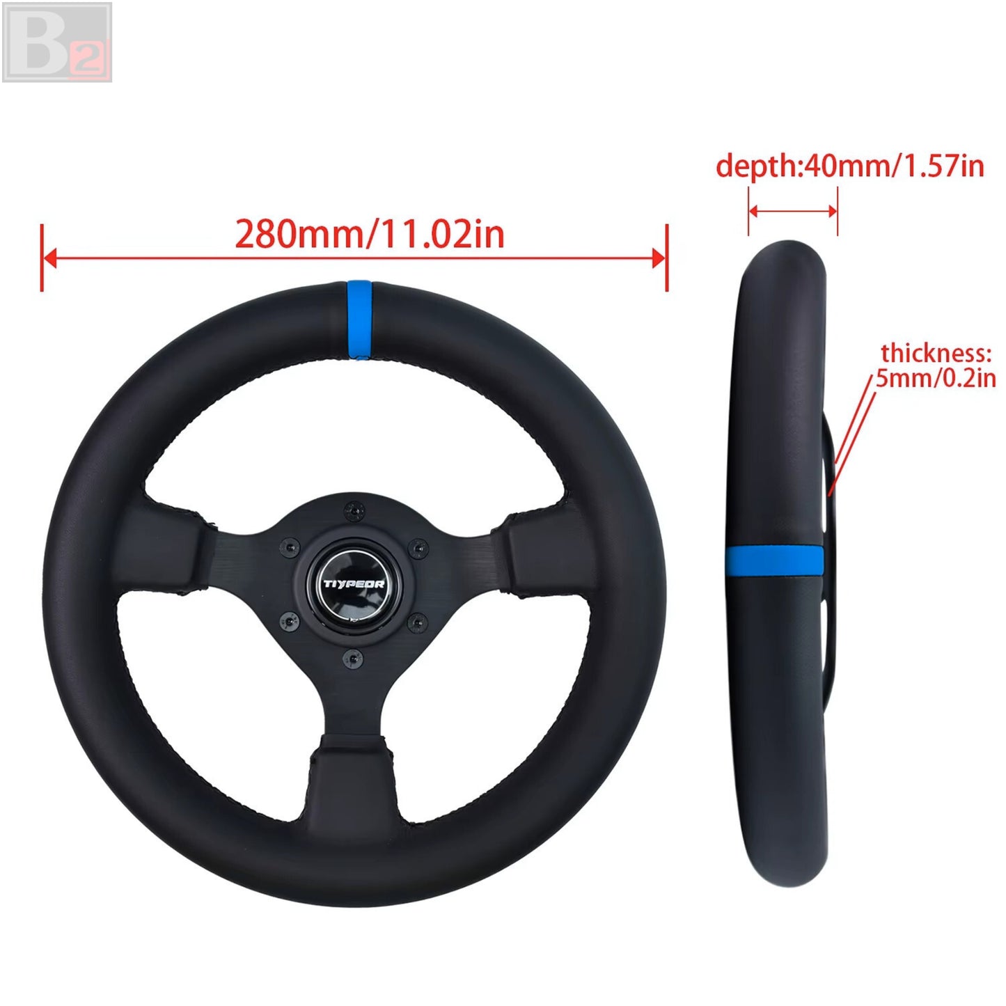 280mm Mini Kaido Racer Style Steering Wheel (Blue Center Stripe)