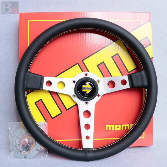 Momo Prototipo 350mm Black Leather Brushed Aluminum Steering Wheel